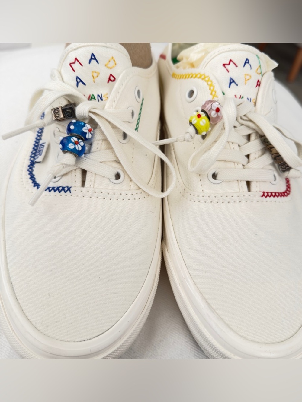 Madhappy  Cream Canvas Sneakers with Multicolor Embroidery Size: 12